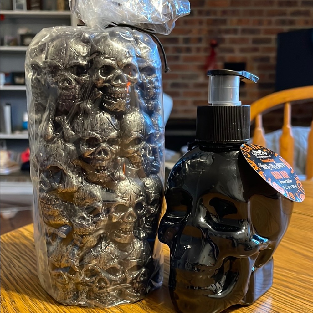Simple Pleasures Haunting Trick or Sweet Hand Soap  and skulls candle